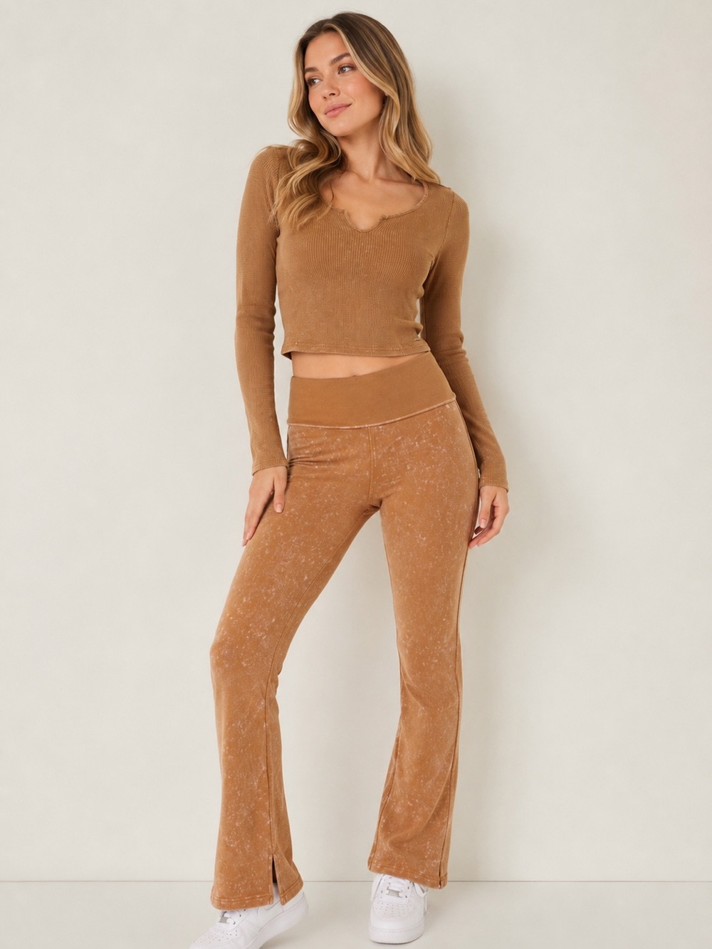 PINK Victoria's Secret Brown Waffle Knit Long Sleeve Top + Flare Leggings Set